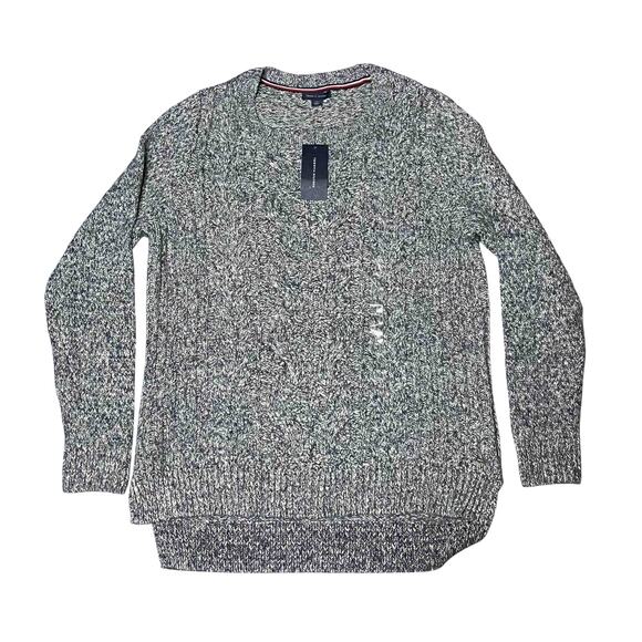 NWT Men's Tommy Hilfiger Heathered Cable Knit Sweater Gray Cotton Blend Size L - Picture 1 of 7